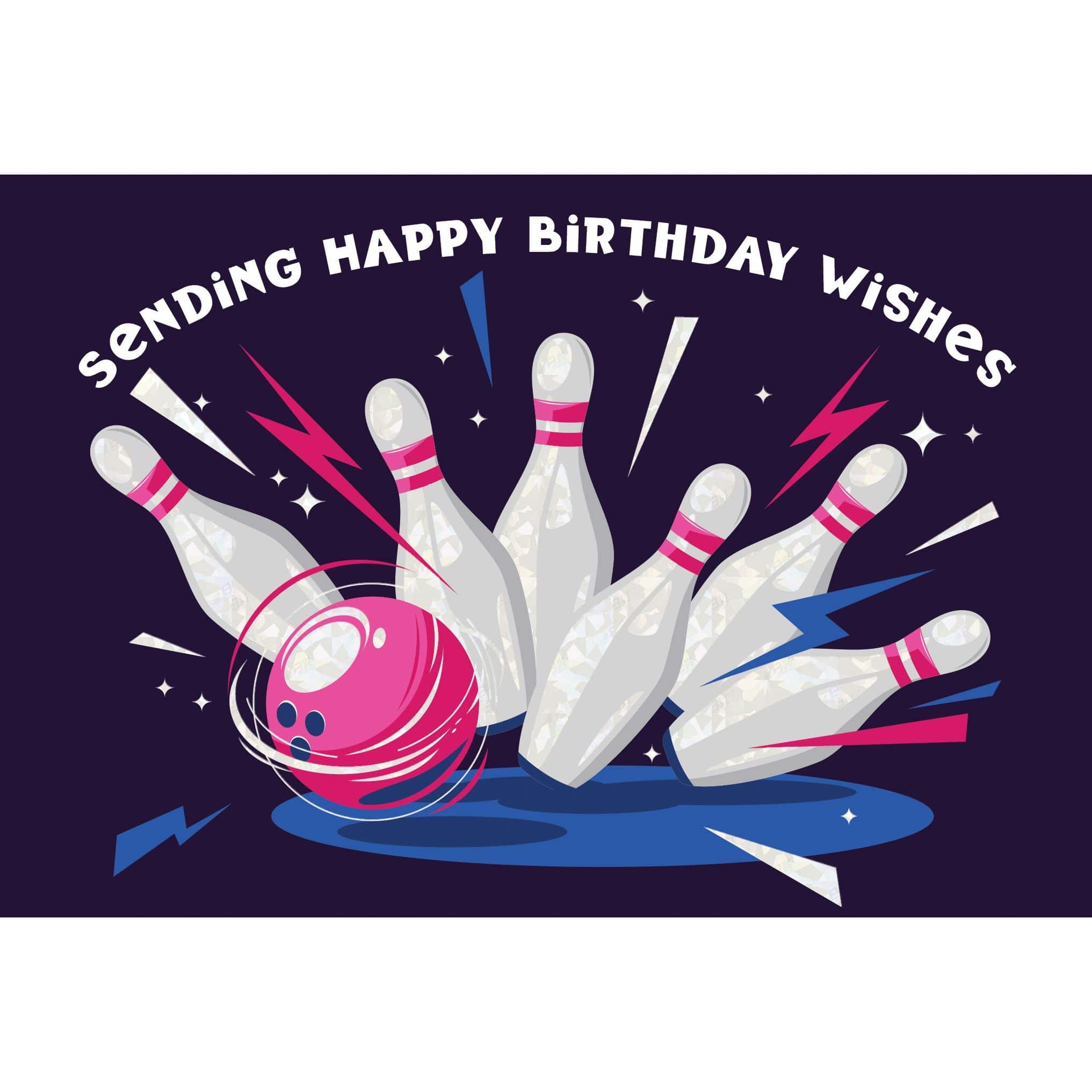 Colorful bowling pins birthday card by Pictura featuring playful bowling-themed illustrations on a cheerful background.